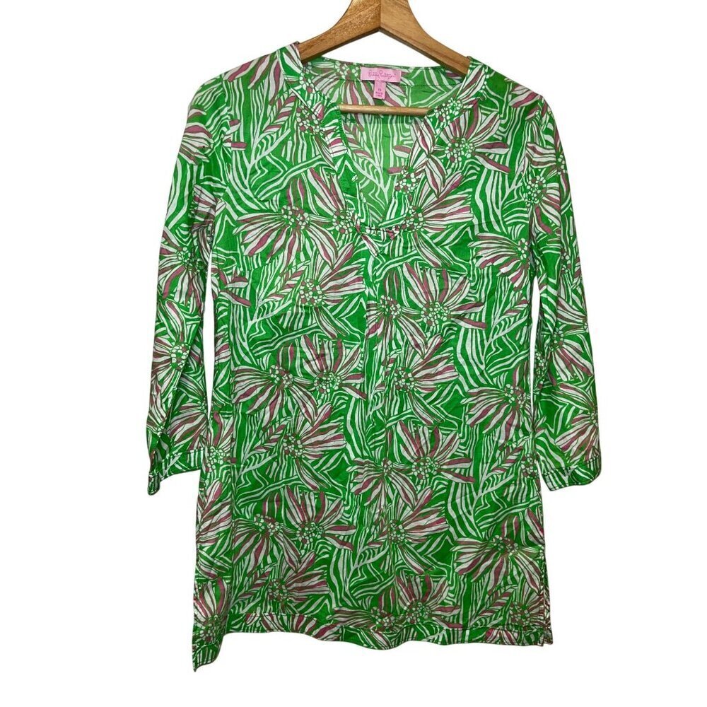 Lilly Pulitzer Floral Tunic Dress XS Green Pink Botanical Print 3/4 Sleeve Light